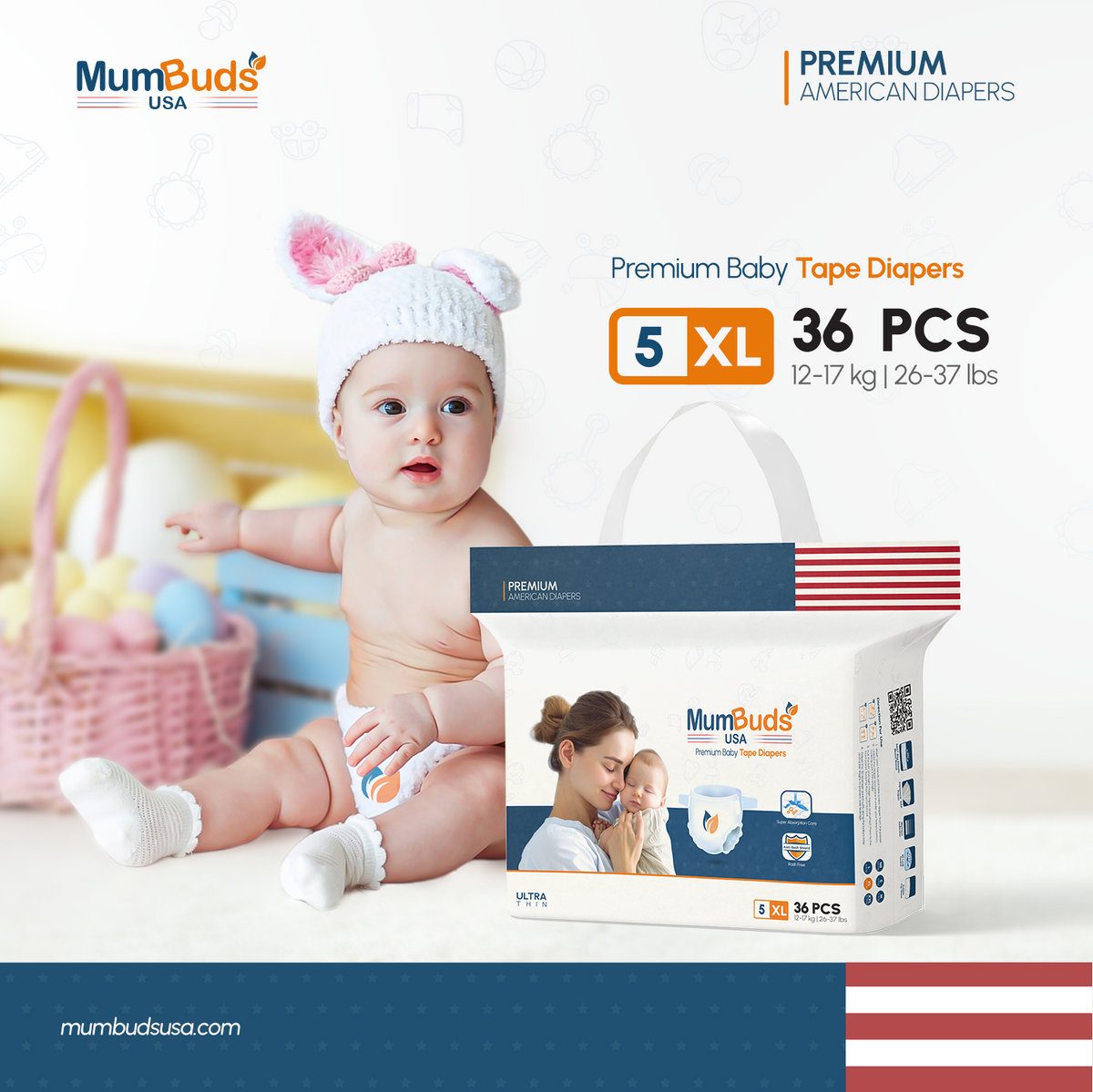 MumBuds USA ZIPLOCK PACK Ultrathin Baby Diapers Size-5 XL (12–17 kg) – 36 pcs Tape Style