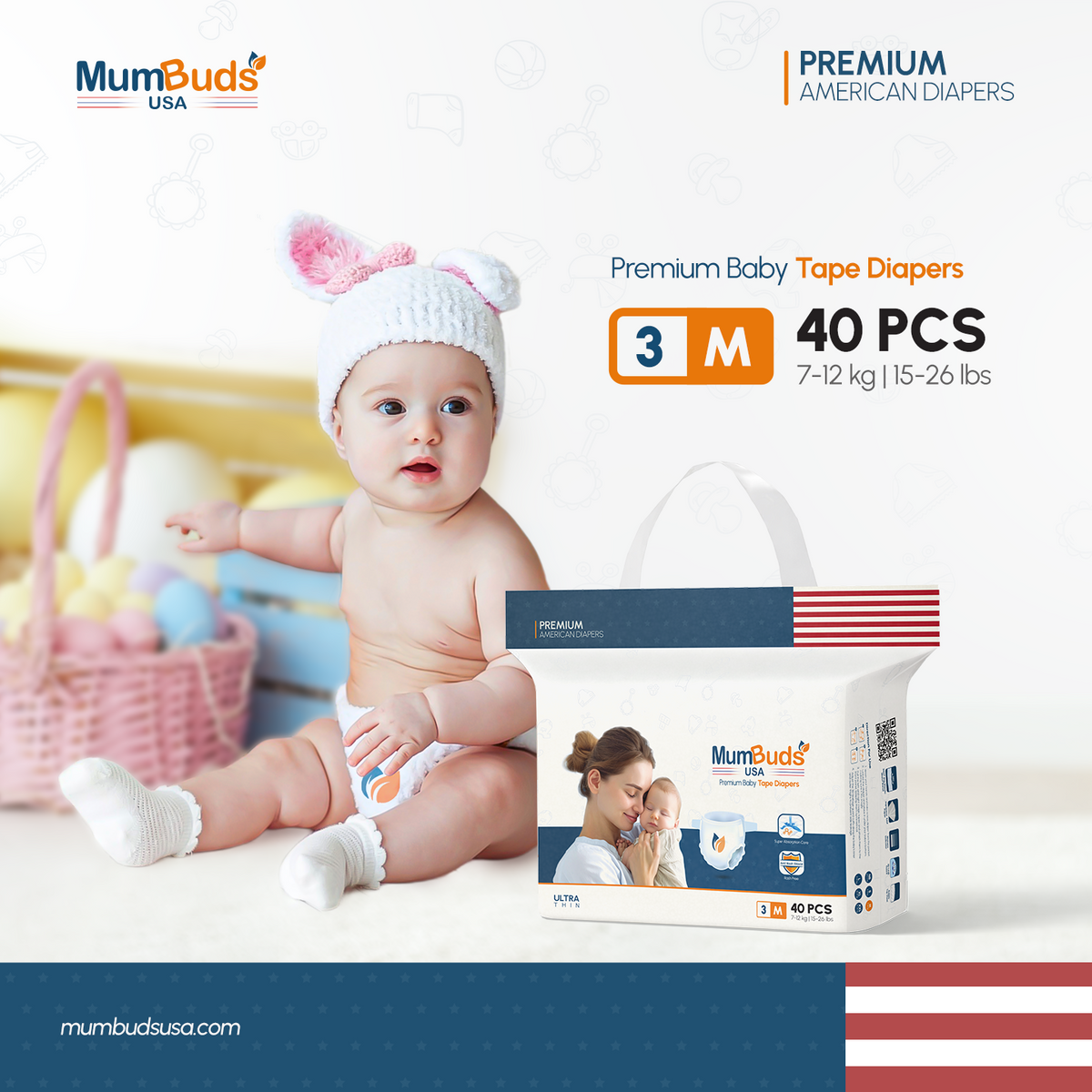 MumBuds USA ZIPLOCK PACK Ultrathin Baby Diapers Size-3 Medium (7–12 kg) – 40 pcs Tape Style