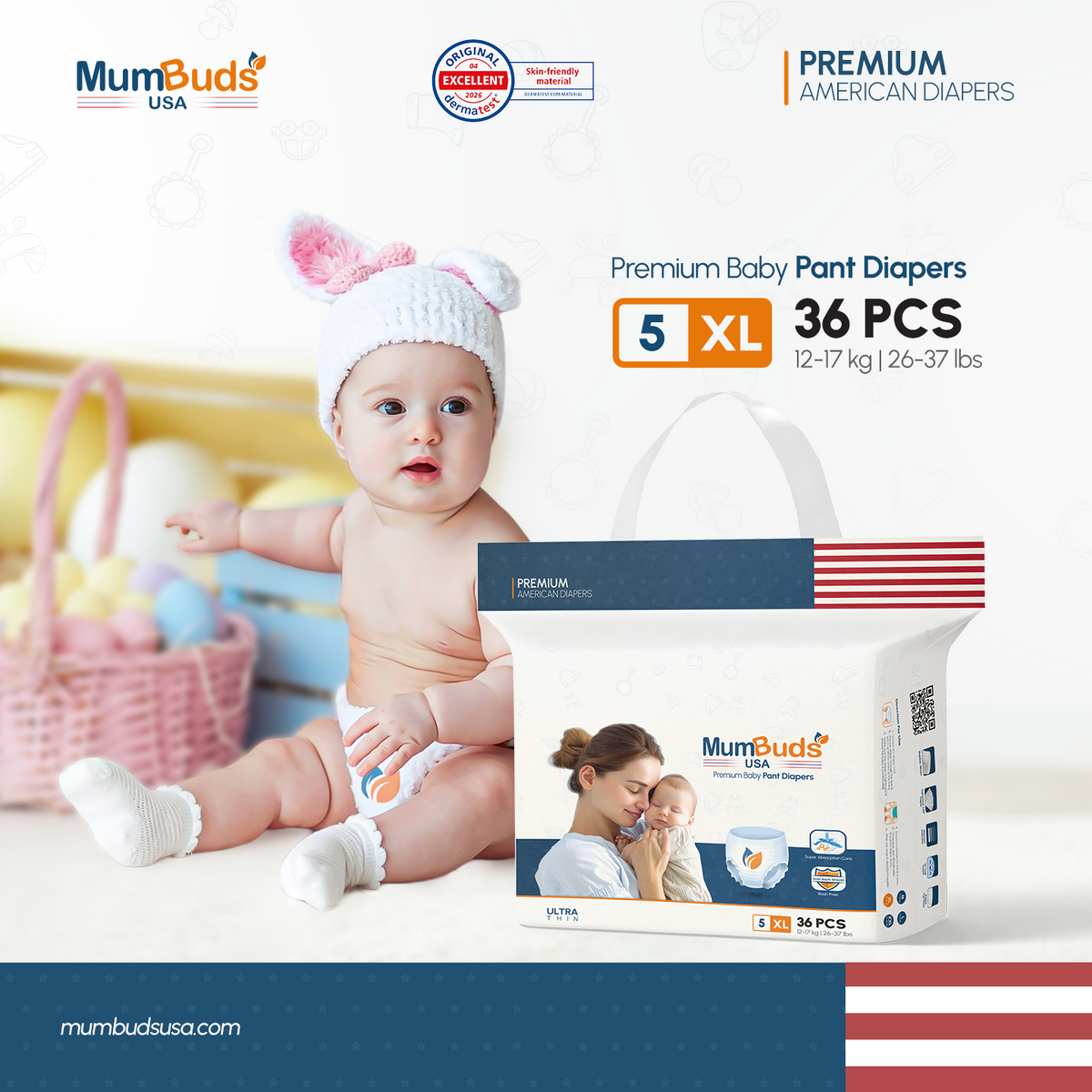 MumBuds USA ZIPLOCK PACK Ultrathin Baby Diapers Size-5 XL (12-17kg) – 36 pcs Pant Style