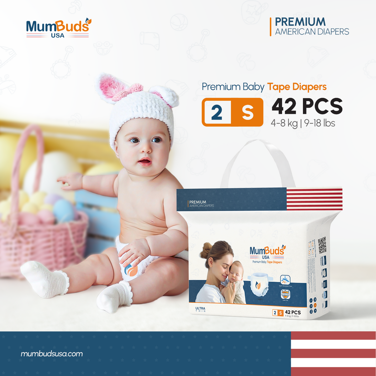 MumBuds USA ZIPLOCK PACK Ultrathin Baby Diapers Size-2 Small (4–8kg) – 42 pcs Tape Style