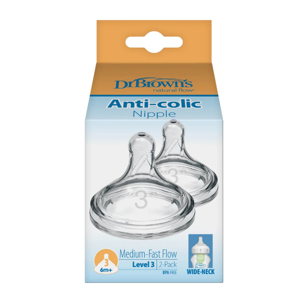 Dr. Brown's Natural Flow Wide-Neck Baby Bottle Silicone Nipple Level 3, 2-Pack (WN3201-INTL)