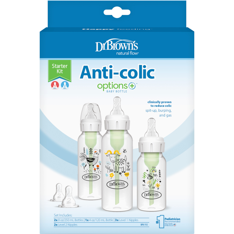 Dr Brown's PP Narrow Anti-Colic Options+ Baby Bottle Starter Kit w/ Designs (1x120 & 2x250 mL bottles, 2xL2 nipples, 1 cleaning brush), SB03007-ESX