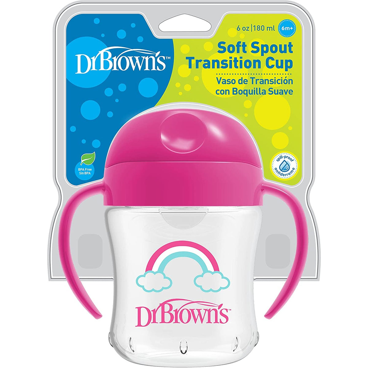 Dr. Brown's 6 Oz / 180 Ml Soft-Spout Transition Cup W/ Handles - Pink (6M+), TC61003-INTL