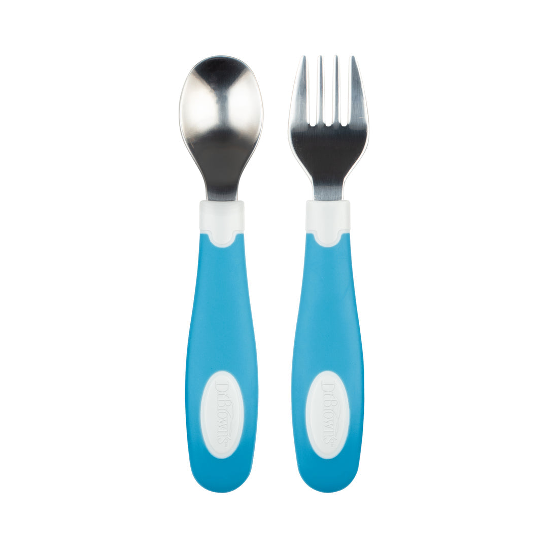 Dr. Brown's TF028 Soft Grip Spoon & Fork Set, Blue and White