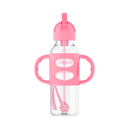 Dr Brown's 8oz/250ml PP N Sippy Straw Bottles w/ Silicone Handles, Pink, Single, SB81101