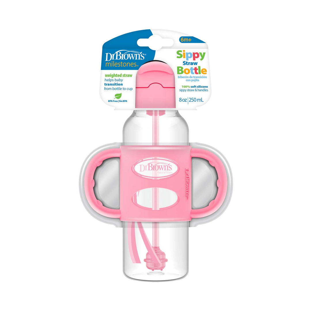 Dr Brown's 8oz/250ml PP N Sippy Straw Bottles w/ Silicone Handles, Pink, Single, SB81101