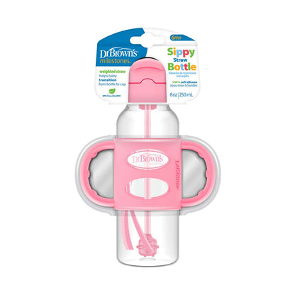 Dr Brown's 8oz/250ml PP N Sippy Straw Bottles w/ Silicone Handles, Pink, Single, SB81101