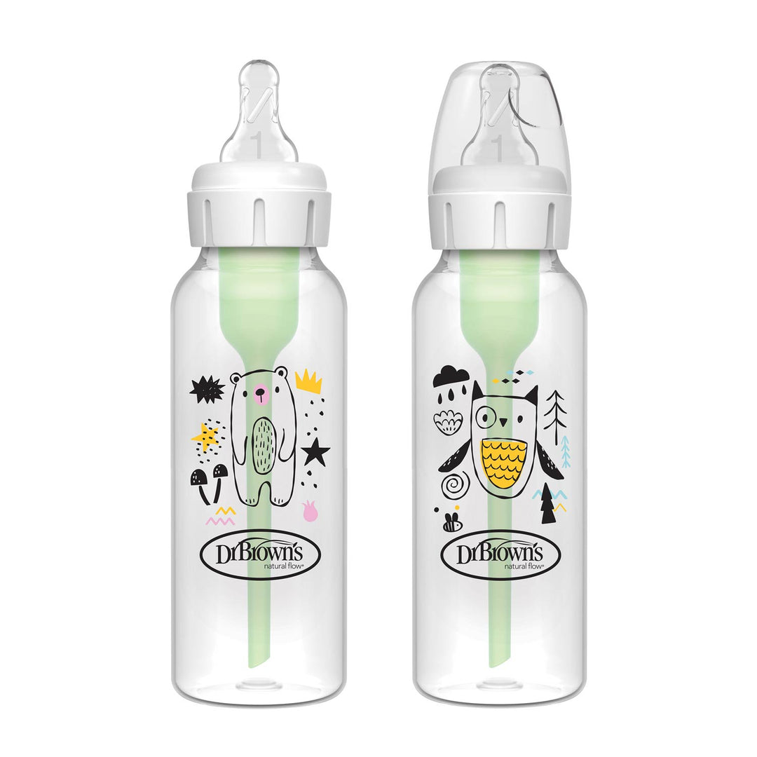 Dr Brown's Natural Flow Anti-Colic Options+ Narrow Baby Bottle, Bear & Owl, 8 oz/250 mL, with Level 1 Nipple 0m+, 2-Pack, SB82041