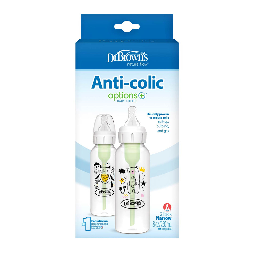 Dr Brown's Natural Flow Anti-Colic Options+ Narrow Baby Bottle, Bear & Owl, 8 oz/250 mL, with Level 1 Nipple 0m+, 2-Pack, SB82041