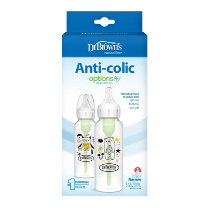 Dr Brown's Natural Flow Anti-Colic Options+ Narrow Baby Bottle, Bear & Owl, 8 oz/250 mL, with Level 1 Nipple 0m+, 2-Pack, SB82041