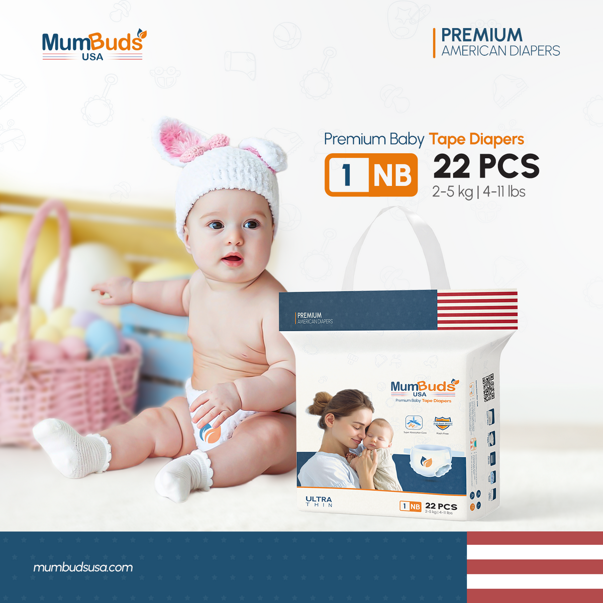 MumBuds USA ZIPLOCK PACK Ultrathin Baby Diapers Size-1 NewBorn (2–5kg) – 22 pcs Tape Style