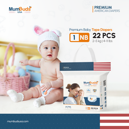 MumBuds USA ZIPLOCK PACK Ultrathin Baby Diapers Size-1 NewBorn (2–5kg) – 22 pcs Tape Style