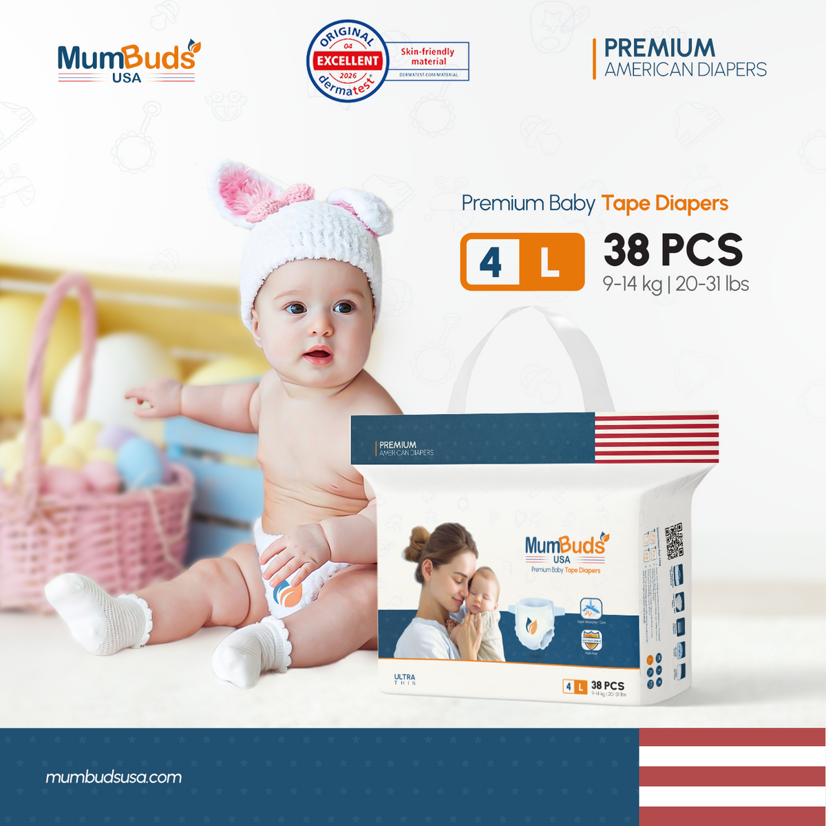 MumBuds USA ZIPLOCK PACK Ultrathin Baby Diapers Size-4 Large (9–14 kg) – 38 pcs Tape Style