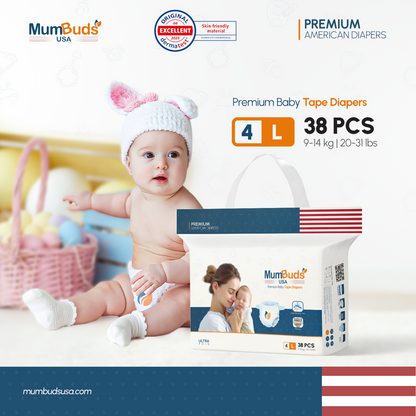 MumBuds USA ZIPLOCK PACK Ultrathin Baby Diapers Size-4 Large (9–14 kg) – 38 pcs Tape Style