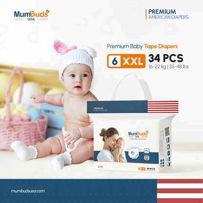 MumBuds USA ZIPLOCK PACK Ultrathin Baby Diapers Size-6 XXL (16–22 kg) – 34 pcs Tape Style