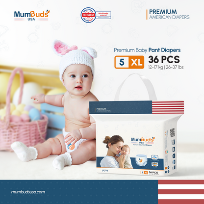 MumBuds USA ZIPLOCK PACK Ultrathin Baby Diapers Size-5 XL (12-17kg) – 36 pcs Pant Style