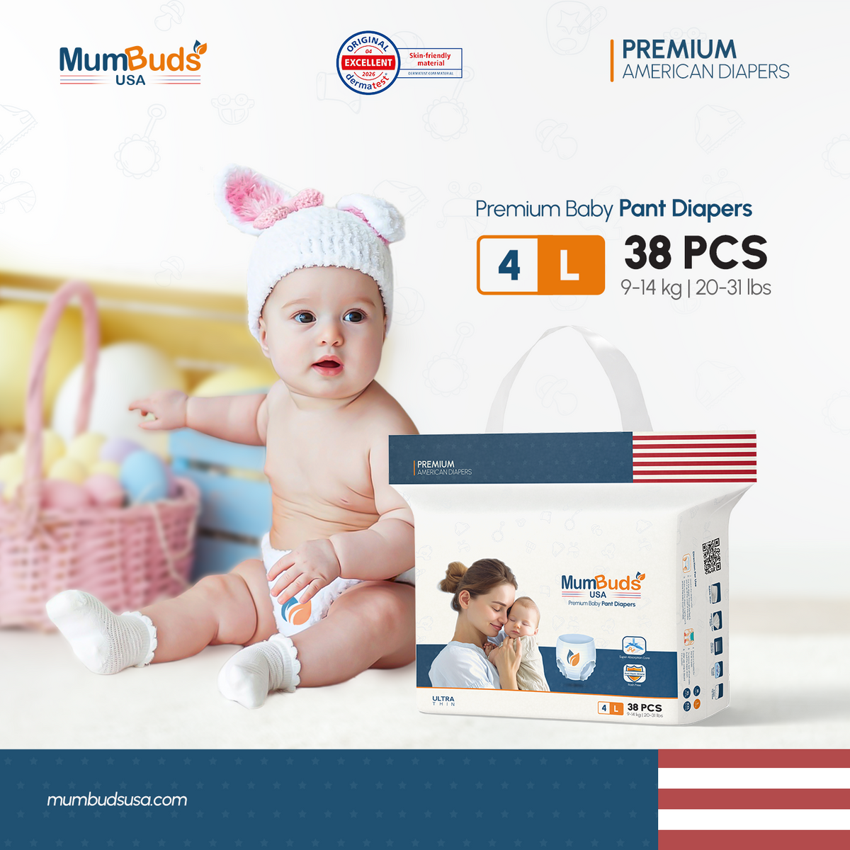 MumBuds USA ZIPLOCK PACK Ultrathin Baby Diapers Size-4 Large (9-14kg) – 38 pcs Pant Style