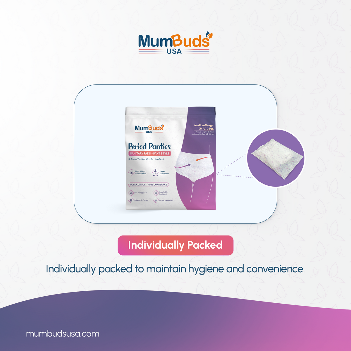 MumBuds USA Disposable Period Panty M/L 660 mm (60–105 cm) 3 Pcs