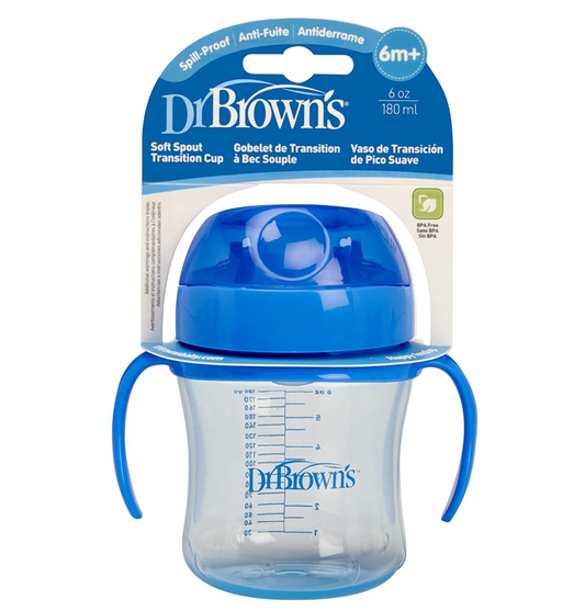 Dr. Brown's 6 Oz / 180 Ml Soft-Spout Transition Cup W/ Handles - Blue (6M+), TC61001-INTL