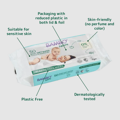 Bambo Nature Plastic-Free Wet Wipes (50 Pcs) | Gentle Baby Wipes