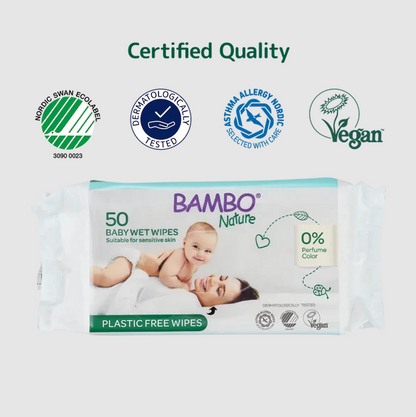 Bambo Nature Plastic-Free Wet Wipes (50 Pcs) | Gentle Baby Wipes