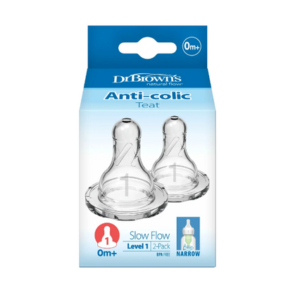 Dr. Brown's Natural Flow Narrow Baby Bottle Silicone Level 1 Nipple, 2-Pack (302-INTL)