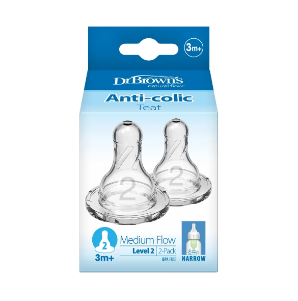 Dr. Brown's Natural Flow Narrow Baby Bottle Silicone Level 2 Nipple, 2-Pack (322-INTL)