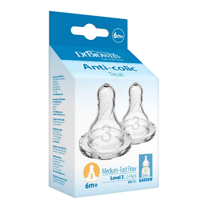 Dr. Brown's Natural Flow Narrow Baby Bottle Silicone Level 3 Nipple, 2-Pack (332-INTL)