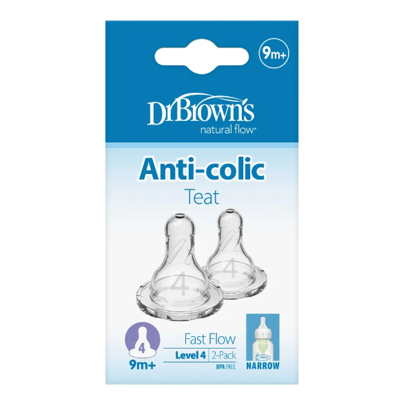 Dr. Brown's Natural Flow Narrow Baby Bottle Silicone Nipple, 2-Pack - Level 4 (9m+ Fast Flow) (313-INTL)