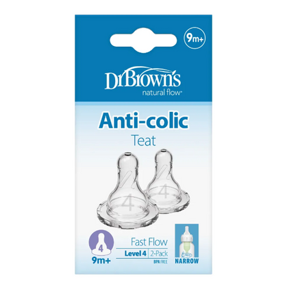 Dr. Brown's Natural Flow Narrow Baby Bottle Silicone Nipple, 2-Pack - Level 4 (9m+ Fast Flow) (313-INTL)