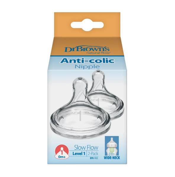 Dr. Brown's Natural Flow Wide-Neck Baby Bottle Silicone Nipple Level 1, 2-Pack (WN1201-INTL)