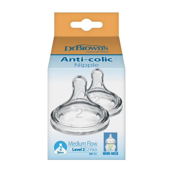 Dr. Brown's Natural Flow Wide-Neck Baby Bottle Silicone Nipple Level 2, 2-Pack (WN2201-INTL)