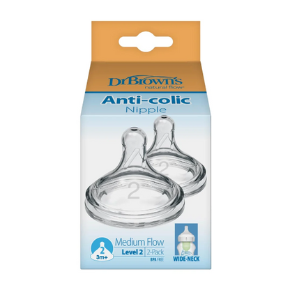 Dr. Brown's Natural Flow Wide-Neck Baby Bottle Silicone Nipple Level 2, 2-Pack (WN2201-INTL)