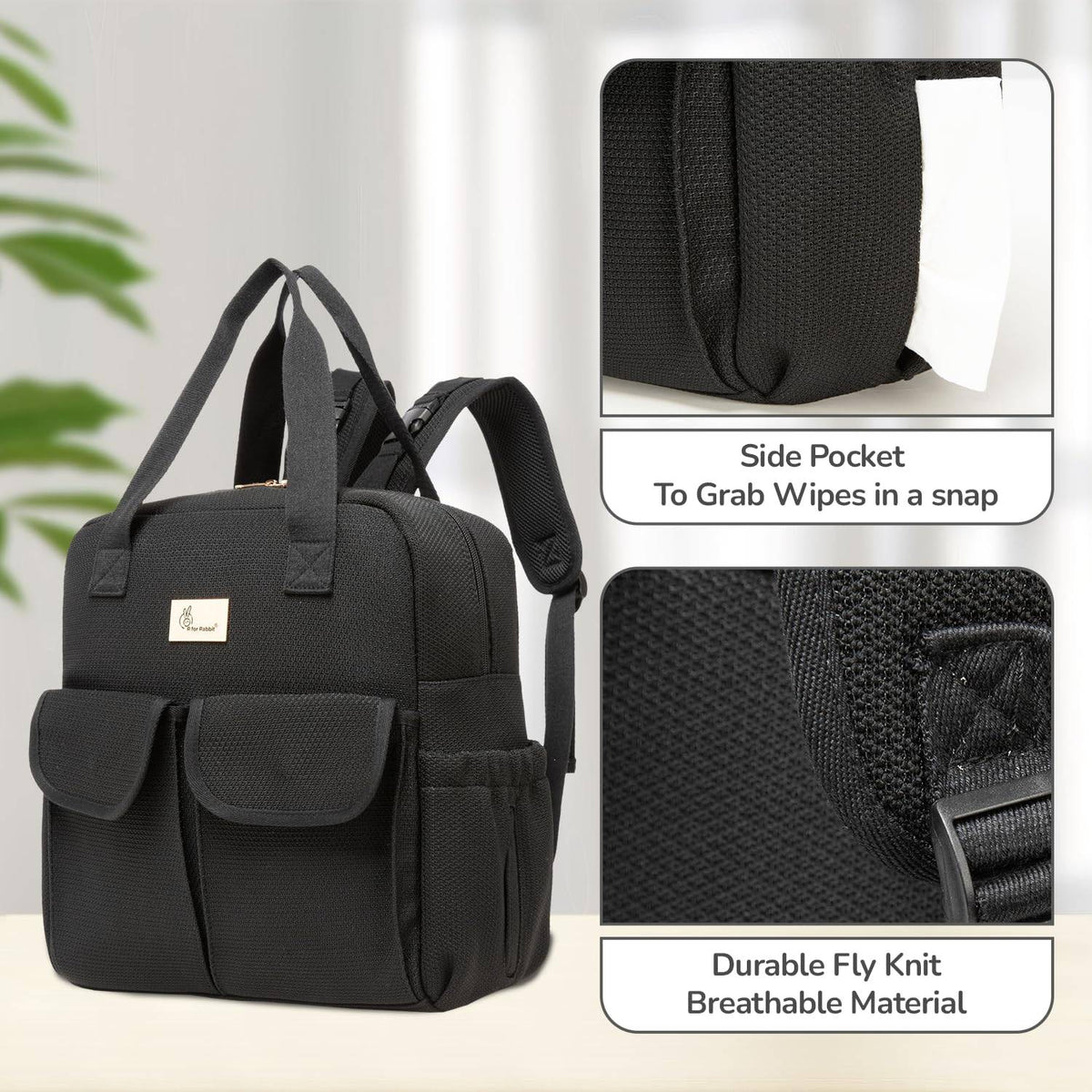 R for Rabbit Caramello Breezy Premium Material Diaper Bag For New Moms, Black - DBCMBB10