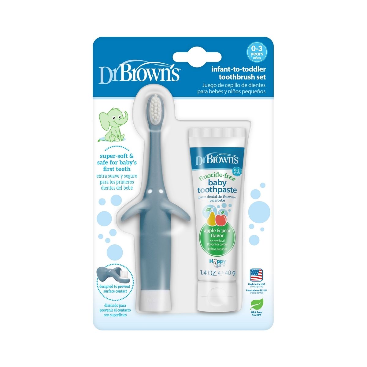 Dr Browns Infant-to-Toddler Toothbrush, Blue Elephant, with Apple Pear Toothpaste, 1.4 oz/40 g , HG024.V2