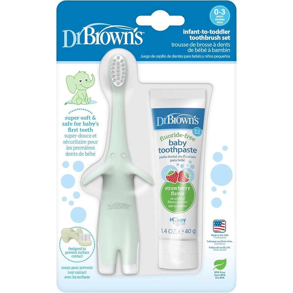 Dr Brown's Infant-to-Toddler Toothbrush, Mint Elephant, with Strawberry Toothpaste, 1.4 oz/40g (0-3years), HG036