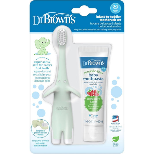 Dr Brown's Infant-to-Toddler Toothbrush, Mint Elephant, with Strawberry Toothpaste, 1.4 oz/40g (0-3years), HG036
