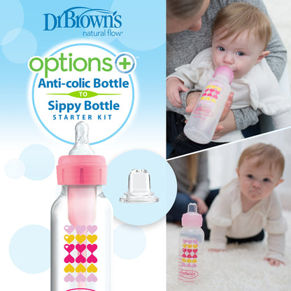 Dr. Brown's Options+ 8 oz/250ml Narrow Bottle to Sippy Baby Bottle Start Kit, Pink (+L3 nipple), SB8191-P3