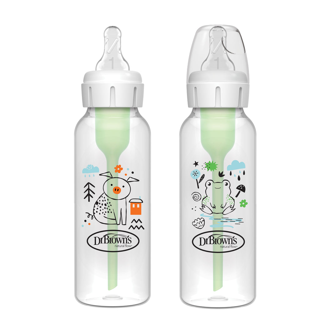 Dr Brown's Natural Flow Anti-Colic Options+ Narrow Baby Bottle, Pig & Frog, 8 oz/250 mL with Level 1 Slow Flow Nipple 0m+, 2-Pack, SB82040