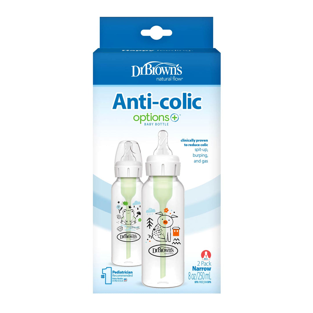 Dr Brown's Natural Flow Anti-Colic Options+ Narrow Baby Bottle, Pig & Frog, 8 oz/250 mL with Level 1 Slow Flow Nipple 0m+, 2-Pack, SB82040