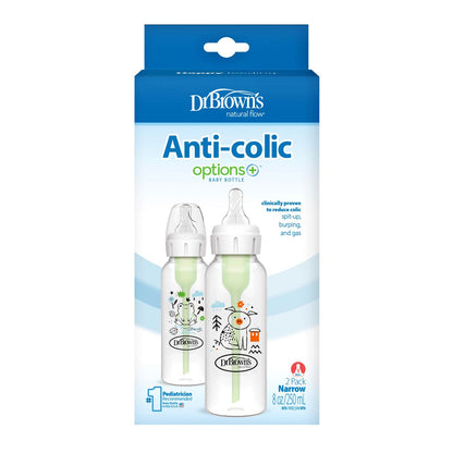 Dr Brown's Natural Flow Anti-Colic Options+ Narrow Baby Bottle, Pig & Frog, 8 oz/250 mL with Level 1 Slow Flow Nipple 0m+, 2-Pack, SB82040