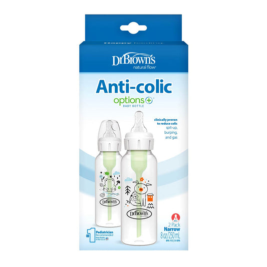 Dr Brown's Natural Flow Anti-Colic Options+ Narrow Baby Bottle, Pig & Frog, 8 oz/250 mL with Level 1 Slow Flow Nipple 0m+, 2-Pack, SB82040