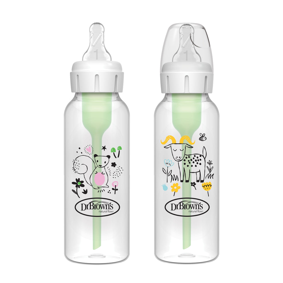 Dr. Brown's Natural Flow Anti-Colic Options+ Narrow Baby Bottle, Squirrel & Goat, 8 oz/250 mL, with Level 1 Nipple 0m+, 2-Pack, Sb82042