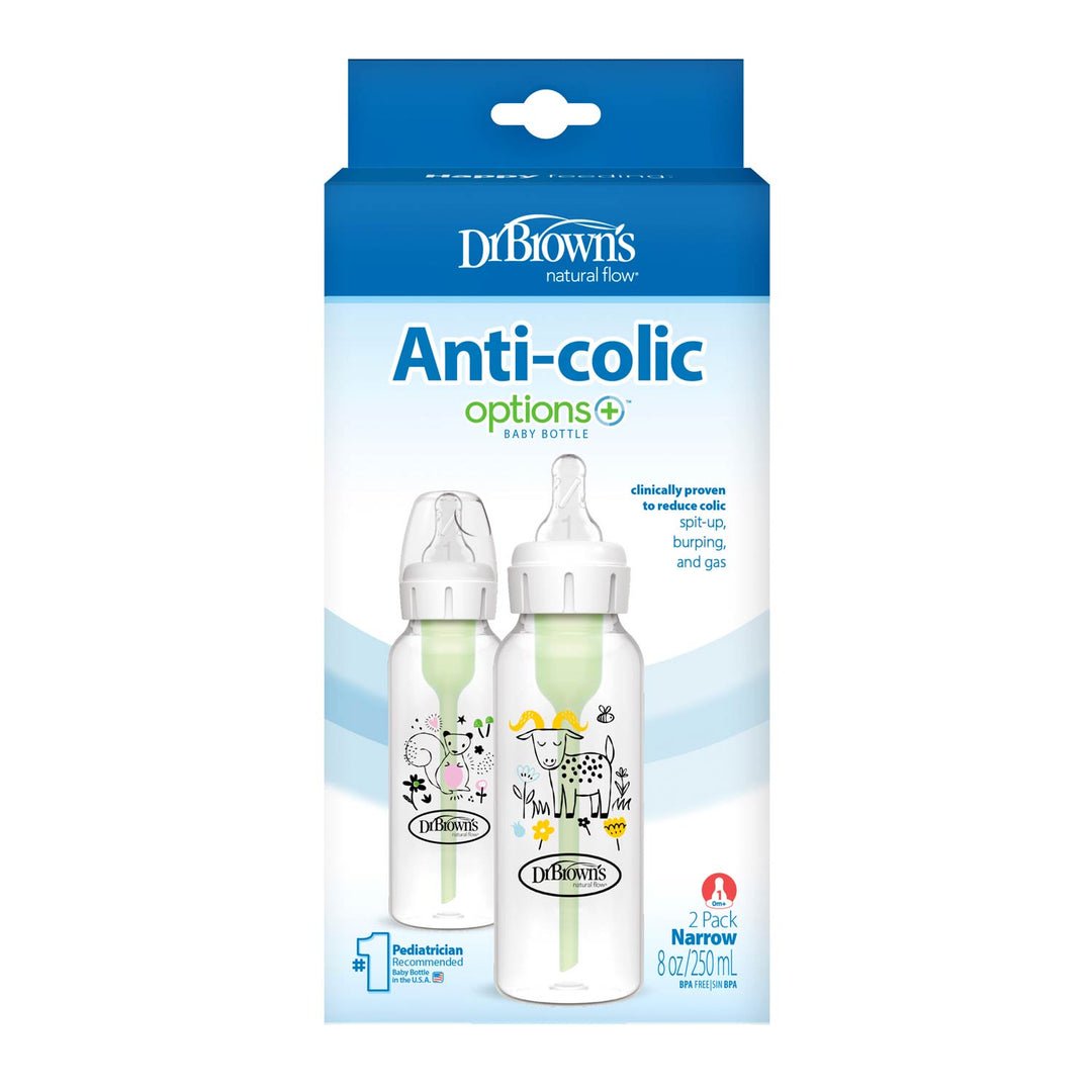 Dr. Brown's Natural Flow Anti-Colic Options+ Narrow Baby Bottle, Squirrel & Goat, 8 oz/250 mL, with Level 1 Nipple 0m+, 2-Pack, Sb82042