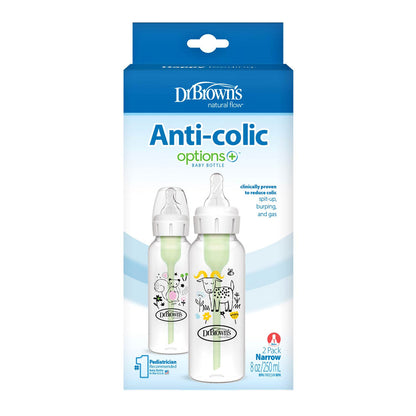 Dr. Brown's Natural Flow Anti-Colic Options+ Narrow Baby Bottle, Squirrel & Goat, 8 oz/250 mL, with Level 1 Nipple 0m+, 2-Pack, Sb82042