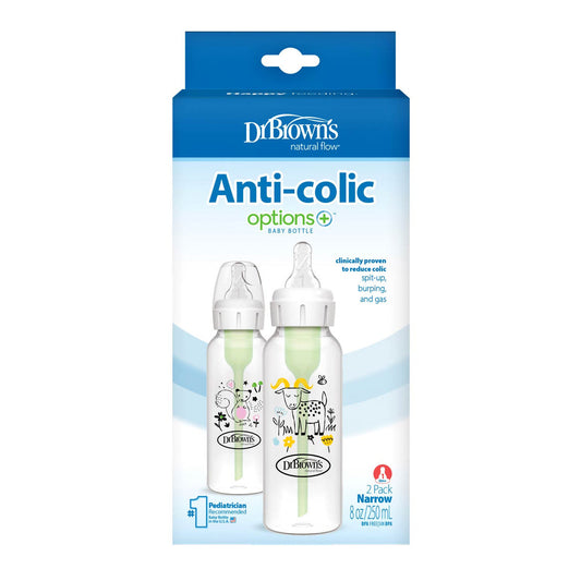 Dr. Brown's Natural Flow Anti-Colic Options+ Narrow Baby Bottle, Squirrel & Goat, 8 oz/250 mL, with Level 1 Nipple 0m+, 2-Pack, Sb82042