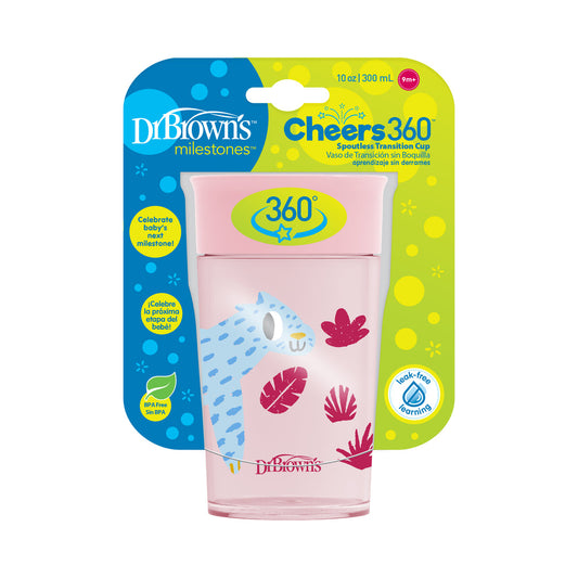 Dr. Brown's Jungle Fun Cheers 360 Spoutless Transition Cup Pink, - 10 oz/300 ml, 9m+, TC01093