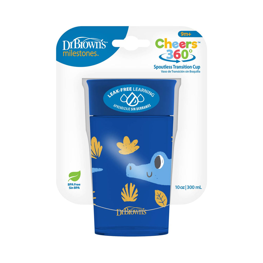 Dr. Brown's Jungle Fun Cheers 360 Spoutless Transition Cup, Blue, - 10 oz/300 ml , 9m+, TC01094