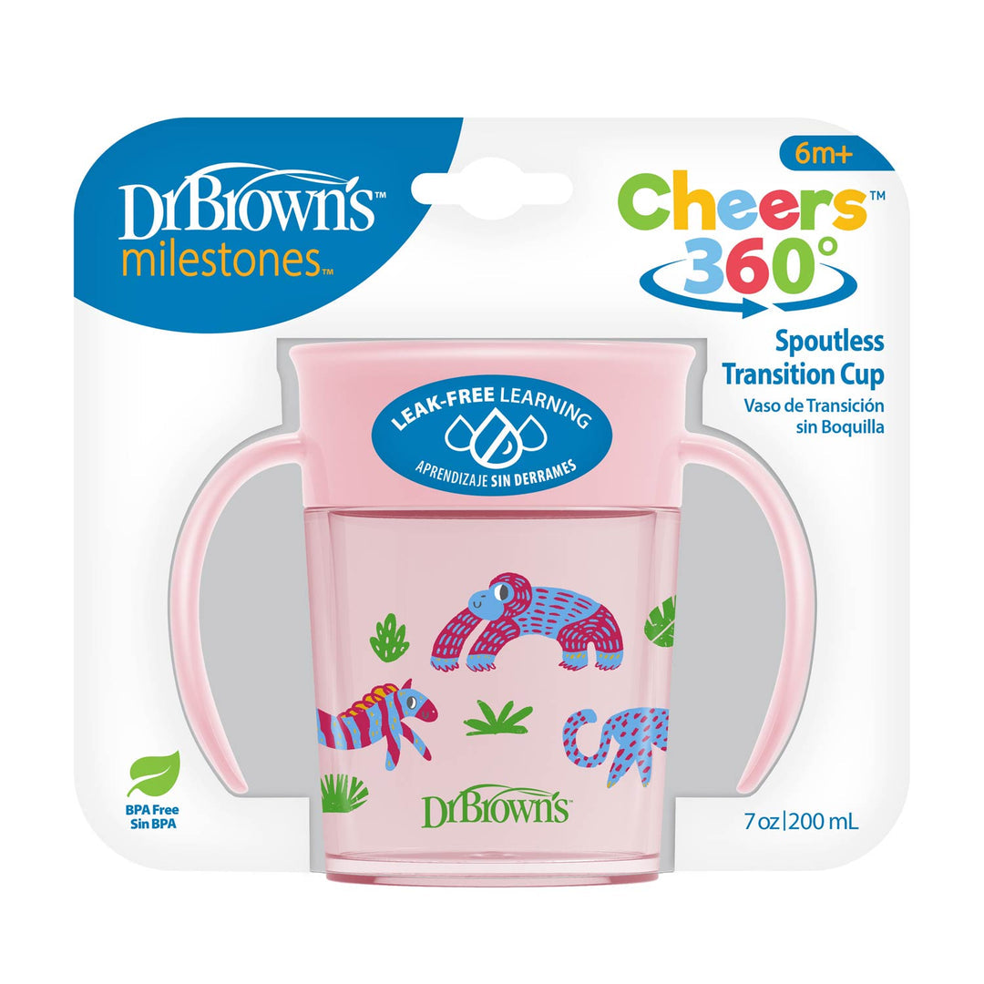 Dr. Brown's Smooth Wall Cheers 360 Cup w/ Handles, 7 oz/200 ml, Pink deco (6m+), 1-Pack, TC71005