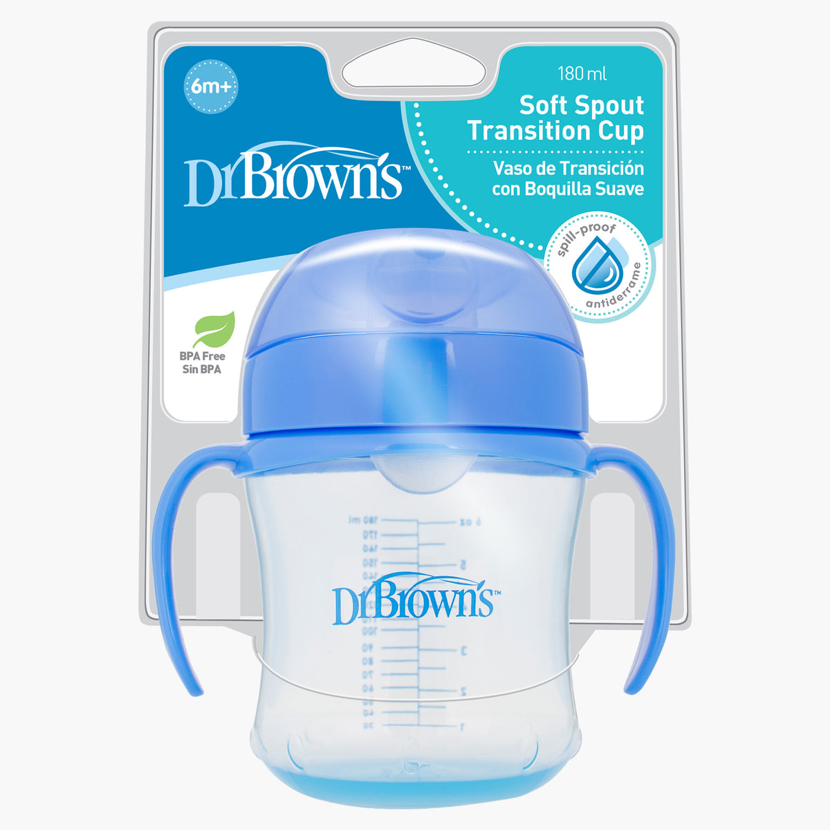 Dr. Brown's 6 Oz / 180 Ml Soft-Spout Transition Cup W/ Handles - Blue (6M+), TC61004-Intl
